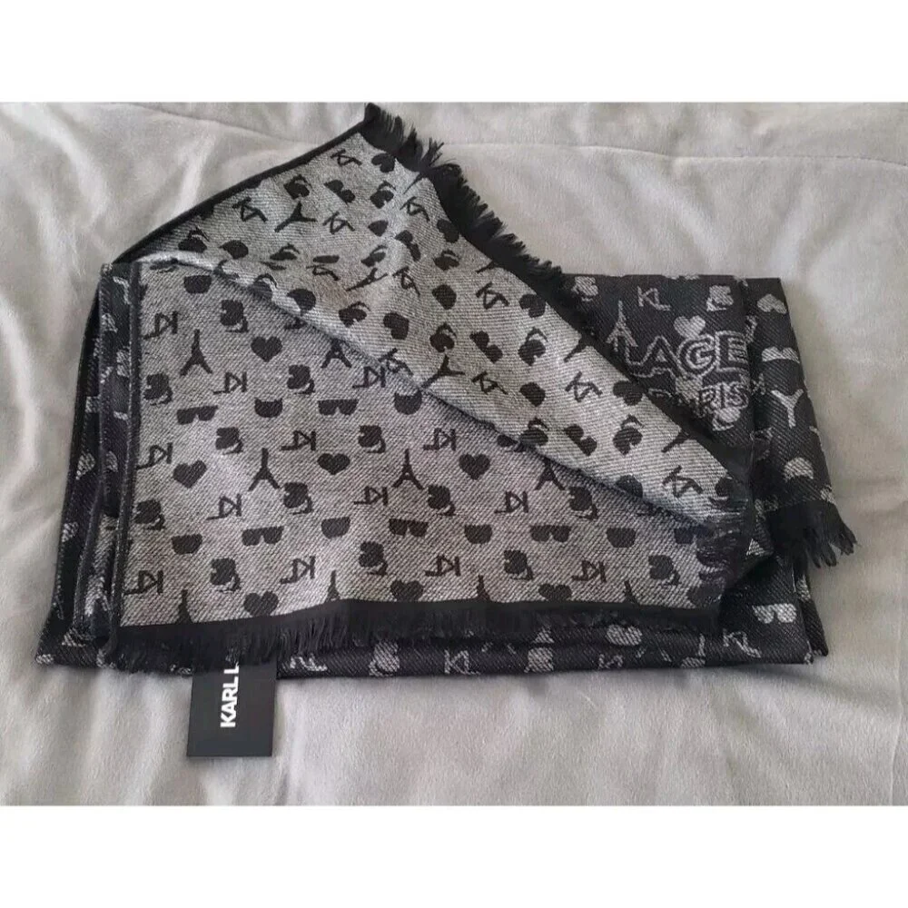 NWT KARL LAGERFELD PARIS LOGO ALL OVER PRINT BLACK METALLIC SILVER SCARF WRAP